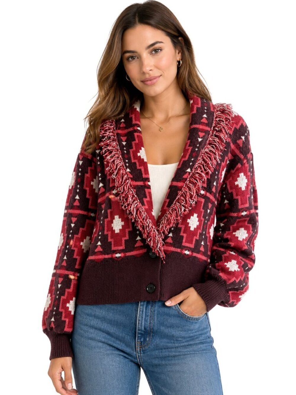 Shyanne Southwestern Print Fringed Cropped Cardigan NWT